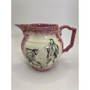 Gray Pottery English Cartoon Pitcher, Pink Bubble Hand painted 1940's